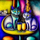 Stylized multicolored cats with human-like eyes at a table with glasses