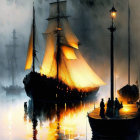 Tall ship with illuminated sails at pier, figures near street lamps under dusky sky with hexagonal