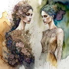 Ethereal women with blooming flowers in watercolor illustration