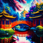 Colorful surreal landscape with red bridge, crescent moon, and reflective water