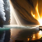 Tranquil cave with sunbeam, water, orange and blue walls