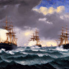 Three tall ships sailing in stormy seas under dramatic sky