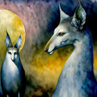 Stylized mystical deer under full moon in dreamlike scene