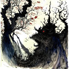 Fantastical creature with red eye in ink-wash style surrounded by trees and blossoms