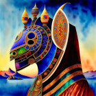 Colorful Surrealist Painting of Fantastical Creature and Ornate Patterns in Dreamy Sky and Seas