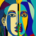 Colorful Cubist Split-Face Painting with Geometric Shapes