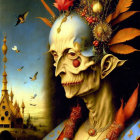 Fantastical portrait of pale-skinned creature with golden ornaments, feathers, and castle background