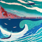 Stylized waves, boats, and a whale in modern reinterpretation.