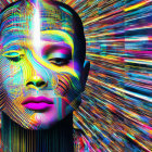 Colorful digital portrait of female face with neon colors and cosmic background