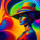 Colorful portrait of a woman in wide-brimmed hat with swirling orange, blue, and red