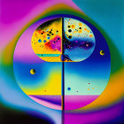 Colorful abstract glass sphere on metal rod with swirls and bubbles.