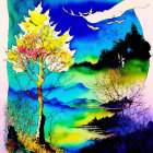 Colorful Watercolor Landscape with Yellow Tree and Flying Birds