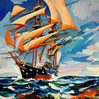 Colorful mosaic painting of tall ship sailing turbulent ocean waves