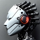 Futuristic robot head with glowing red eye and gun barrels.