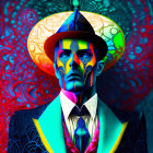 Colorful stylized portrait of a man in a fedora and suit with neon blue skin on abstract