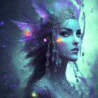 Ethereal female figure with green skin and gold adornments surrounded by purple hues and glowing butterflies.