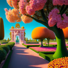 Surreal landscape with pink blossom trees, golden archway, and whimsical topiary