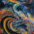 Colorful abstract painting of a phoenix in bold fiery swirls