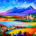 Colorful landscape painting: church by river, blooming fields, snowy mountains.