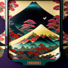 Stylized Mount Fuji artwork with pink trees, bird, and geometric borders