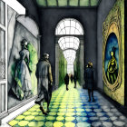 Surreal illustration: Geometric faces in ornate hallway