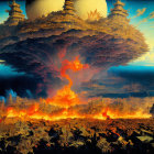 Apocalyptic painting: Flaming city under colossal floating structure