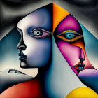 Surreal painting of stylized faces with shared eye, grayscale and vibrant colors, geometric shapes.