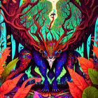 Colorful Psychedelic Forest Scene with Central Tree Creature in Neon Hues