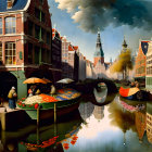 Colorful Dutch canal painting with flower markets, bridge, and traditional architecture.