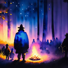 Colorful Silhouette Artwork: Two Figures, Crowd, Campfire in Mystical Forest