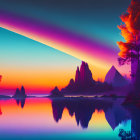 Fantasy landscape with rock spires, reflective lake, pink to blue sky