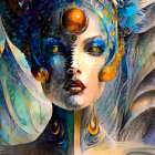 Abstract portrait merging human face with floral and celestial elements in blue, gold, and white.