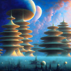 Futuristic towers with circular layers in misty landscape under celestial sky.