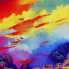 Colorful landscape painting with hills, sky, buildings, and figure