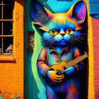 Colorful Street Art Mural: Blue Cat Holding Guitar by Colorful Doorway