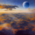 Tranquil twilight landscape with orange clouds and blue moon