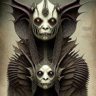 Fantastical artwork of two humanoid faces with horned headdresses and intricate collars