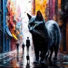 Abstract cityscape painting with large black cat and silhouetted human figures.