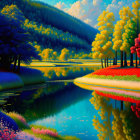 Colorful landscape painting: serene lake, vibrant trees, duck swimming