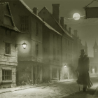 Victorian gaslit street scene at night with moonlight and fog