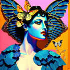 Colorful illustration of stylized woman with geisha-inspired makeup and butterfly headpiece on vibrant background