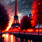 Eiffel Tower Night Painting with Autumn Trees and Seine Figure