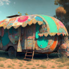 Colorful caravan with intricate patterns in sunny field