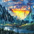 Vibrant oil painting: Colorful sunset over mountain landscape with water reflection