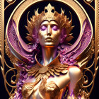 Mythical woman with purple hair and floral crown in intricate gold jewelry.