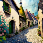 Picturesque cobblestone street with stone houses, vintage lamps, and blooming plants.