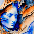 Colorful abstract art: Woman's face blends into vibrant blue pattern