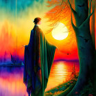 Cloaked figure near tree gazes at lake sunset with boats and birds