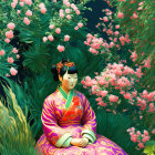 Traditional Asian Attire Woman Sitting Among Lush Flowers