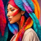 Portrait of woman with red and blue feather headdress and golden jewelry